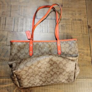 Coach City Tote Signature Canvas Khaki Orange Leather Shoulder Bag F58292